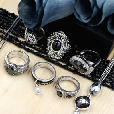 A sophisticated collection of black gemstone jewelry elegantly displayed.